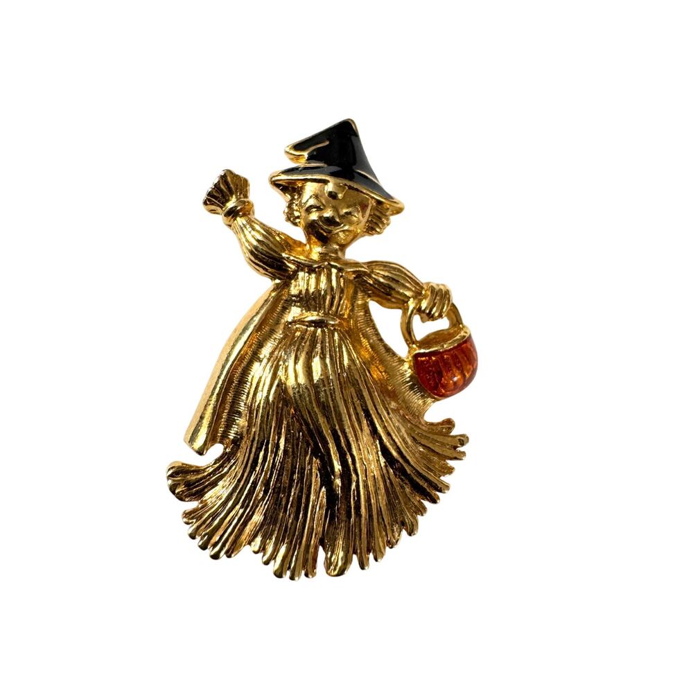 Vintage Witch Brooch Pin Goldtone with Pumpkin Basket and Black Hat
